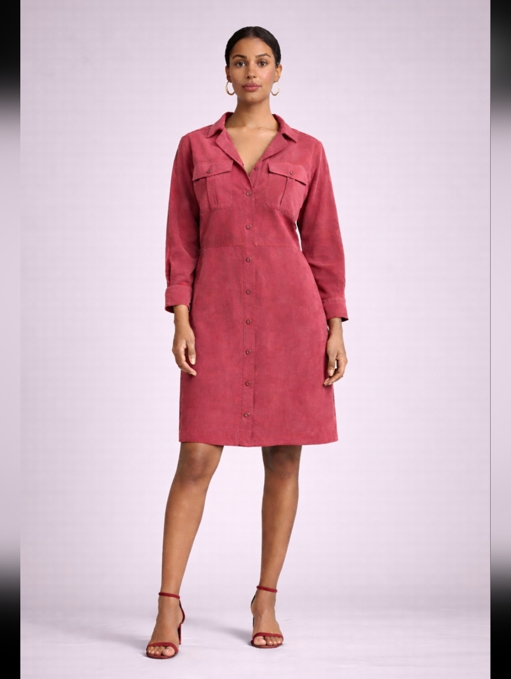 Carlisle Collection Suede Button-Front Shirt Dress in Rose Pink